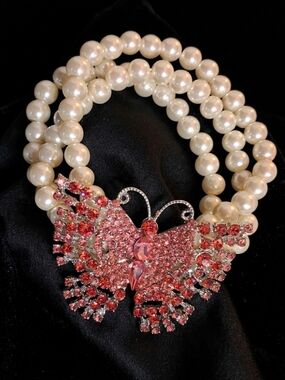 Triple Strand Faux White Pearls & Pink Rhinestone Cluster Butterfly Bracelet